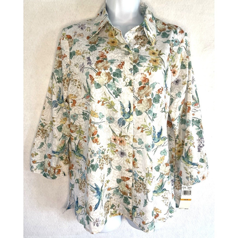 Alfred Dunner Women's Floral Hummingbird Print Blouse Small Nature Cottagecore - Picture 10 of 11
